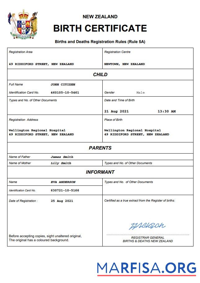 Realistic New Zealand birth certificate Word and PDF template